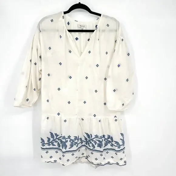 Madewell White and Blue Jacquard Peasant Dress Women's Medium - Picture 4 of 7